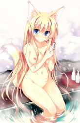 Rule 34 | 1girl, alcohol, animal ears, between breasts, blonde hair, blue eyes, blush, breasts, character request, fox ears, fox tail, groin, highres, large breasts, long hair, navel, nipples, nude, onsen, original, sake, sitting, smile, snow, soaking feet, solo, tail, tateha (marvelous grace), tray, water