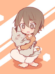 Rule 34 | 10s, 1girl, absurdres, aged down, animal, barefoot, bright pupils, brown eyes, brown hair, brown pants, commentary, dog, full body, girls und panzer, highres, holding, holding animal, indian style, long sleeves, miluke, nishizumi maho, open mouth, orange background, orange shirt, pants, shirt, short hair, sitting, solo, symbol-only commentary, white pupils