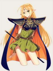 Rule 34 | 1girl, armor, arms behind back, bad id, bad twitter id, blonde hair, cape, circlet, contrapposto, cropped legs, deedlit, elf, green eyes, grey background, long hair, looking at viewer, pointy ears, record of lodoss war, short hair, shoulder pads, simple background, smile, solo, srb7606, standing, sword, tunic, very long hair, weapon