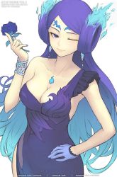 Rule 34 | adapted costume, backless outfit, bare back, blue fire, breasts, brighid (xenoblade), chest jewel, curvy, dress, elbow gloves, fiery hair, fire, gala dress, gloves, gofelem, large breasts, long hair, purple dress, purple eyes, purple hair, solo, very long hair, xenoblade chronicles (series), xenoblade chronicles 2