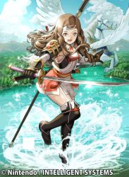 Rule 34 | 1girl, black gloves, blue sky, brown eyes, brown hair, cloud, company name, copyright name, day, feathered wings, fire emblem, fire emblem cipher, fire emblem fates, gloves, hana (fire emblem), headband, holding, holding sword, holding weapon, long hair, nintendo, official art, open mouth, outdoors, pegasus, scabbard, sheath, sky, solo, sword, tenshu (mighto), water, weapon, white headband, white wings, wings