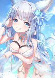 Rule 34 | 1girl, animal ears, bare shoulders, blue eyes, blunt bangs, blush, bracelet, breast hold, breasts, choker, cleavage, collarbone, day, erune, granblue fantasy, hair ornament, hand in own hair, highres, jewelry, korwa, korwa (summer) (granblue fantasy), large breasts, leaning forward, long hair, looking at viewer, ocean, outdoors, parted lips, partially submerged, sidelocks, silver hair, smile, solo, splashing, thighs, topia, wading, water, water drop