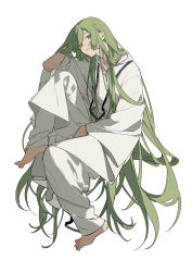 Rule 34 | 1other, absurdres, androgynous, barefoot, cleavage cutout, clothing cutout, collarbone, commentary request, enkidu (fate), fate/strange fake, fate (series), full body, green eyes, green hair, hair between eyes, highres, jewelry, leg up, long hair, long sleeves, looking at viewer, necklace, neckwear request, pants, parted lips, robe, shadow, simple background, sitting, solo, trap, very long hair, white background, white pants, white robe, wide sleeves, zhibuji loom