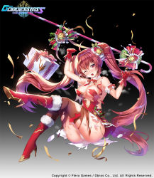 Rule 34 | 1girl, ;o, ahoge, apple caramel, bell, blush, boots, breasts, brown eyes, brown legwear, cleavage, confetti, copyright request, gift, gloves, gradient background, high heel boots, high heels, highres, knee boots, large breasts, official art, one eye closed, panties, red footwear, red gloves, red ribbon, ribbon, torn clothes, torn legwear, twintails, underwear, watermark, white panties, wreath