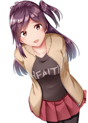 Rule 34 | 1girl, :d, absurdres, ahoge, alternate costume, black shirt, blouse, brown eyes, clothes writing, collarbone, cowboy shot, hagikaze (kancolle), highres, kamelie, kantai collection, long hair, one side up, open mouth, purple hair, shirt, simple background, smile, solo, white background