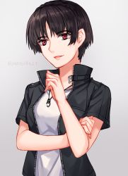 Rule 34 | 1girl, alternate hairstyle, androgynous, bare arms, braid, brown hair, collared shirt, crown braid, fingernails, hand on own arm, hand up, high collar, highres, jewelry, looking at viewer, niijima makoto, open clothes, open shirt, parted bangs, parted lips, pendant, persona, persona 5, red eyes, shirt, short hair, short sleeves, smile, solo, tomboy, twitter username, undershirt, unzipped, upper body, yaoto, zipper