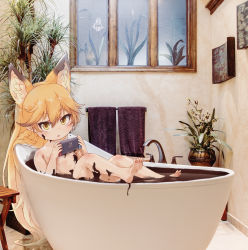 Rule 34 | 1girl, animal ears, bathing, bathtub, blush, brown eyes, brown hair, chocolate, ezo red fox (kemono friends), faucet, fox ears, highres, holding, indoors, kemono friends, kolshica, long hair, looking at viewer, nintendo, nintendo switch, nude, parted lips, photo background, plant, solo, very long hair