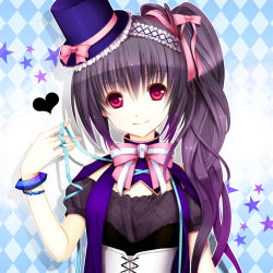Rule 34 | 1girl, argyle, argyle background, argyle clothes, black hair, bow, bowtie, bracelet, corset, eyeshadow, female focus, gradient hair, hair bow, hair ornament, hair ribbon, hat, heart, highres, jewelry, lolita fashion, long hair, looking at viewer, makeup, mini hat, mini top hat, multicolored hair, open m/, purple eyes, purple hair, red eyes, ribbon, side ponytail, simple background, smile, solo, star (symbol), top hat, upper body, yuuki kira