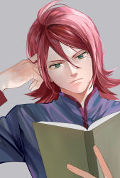 Rule 34 | 1boy, aliyo (d9awrfg6u0w3g5u), book, closed mouth, commentary request, creatures (company), game freak, green eyes, grey background, hair between eyes, highres, holding, holding book, jacket, long hair, long sleeves, looking down, male focus, nintendo, pokemon, pokemon hgss, reading, red hair, silver (pokemon), simple background, solo, upper body