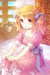 Rule 34 | 1girl, bed, belt, blonde hair, blush, bow, child, dress, dress grab, frills, hakou (barasensou), lowres, open mouth, pink hair, red eyes, ribbon, rose pacifica, short twintails, sitting, skirt grab, solo, sword girls, twintails