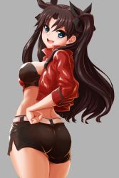 Rule 34 | 1girl, alternate costume, artist request, ass, black hair, blue eyes, blush, breasts, fate/stay night, fate (series), from behind, hair ribbon, highres, jacket, long hair, looking at viewer, medium breasts, open mouth, red jacket, ribbon, shiny clothes, shiny skin, short shorts, shorts, sideboob, smile, solo, tohsaka rin, two side up, very long hair