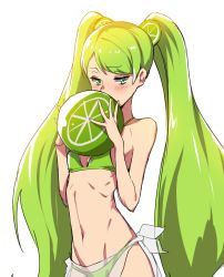 Rule 34 | 1girl, bad id, bad twitter id, ball, beachball, bikini, blush, breasts, cookie run, covering own mouth, cowboy shot, food, fruit, green bikini, green eyes, green hair, green theme, hair ornament, halterneck, highres, lime (fruit), lime cookie, long hair, matching hair/eyes, navel, original, sarong, see-through, simple background, small breasts, solo, supernew, swept bangs, swimsuit, twintails, very long hair, white background