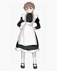 Rule 34 | 1girl, alternate costume, apron, black dress, black eyes, black footwear, braid, brown hair, dress, dungeon meshi, enmaided, freckles, full body, hands on own hips, highres, juliet sleeves, kawai wienerdog, long sleeves, maid, mayjack (dungeon meshi), pantyhose, puffy sleeves, shoes, simple background, solo, standing, twin braids, white apron, white pantyhose