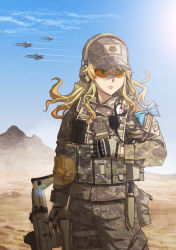 Rule 34 | 1girl, aircraft, airplane, alice (alice in wonderland), ammunition pouch, assault rifle, baseball cap, blonde hair, body armor, cloud, combat knife, commentary, compass, desert, eotech, f-22, fighter jet, fn scar, gun, hat, headset, holster, jet, knife, kws, lens flare, load bearing vest, long hair, looking away, military, military uniform, military vehicle, original, rifle, scar-h, sky, solo, sunglasses, uniform, war, weapon
