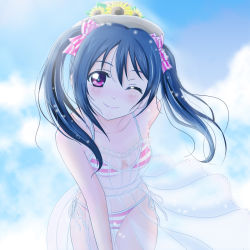 Rule 34 | 10s, 1girl, bikini, black hair, day, gradient background, h.i.t (59-18-45), hat, highres, love live!, love live! school idol project, md5 mismatch, one eye closed, red eyes, see-through, smile, solo, striped bikini, striped clothes, swimsuit, twintails, yazawa nico