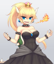 Rule 34 | 1girl, blonde hair, blue eyes, bowsette, bracelet, breasts, breath weapon, breathing fire, brooch, cleavage, collar, crown, dress, earrings, fingernails, fire, forked eyebrows, horns, jewelry, large breasts, long fingernails, long hair, mario (series), mini crown, miruki, nail polish, new super mario bros. u deluxe, nintendo, open mouth, pointy ears, ponytail, sharp teeth, smile, solo, spiked bracelet, spiked collar, spiked shell, spiked tail, spikes, strapless, strapless dress, super crown, tail, teeth, thick eyebrows, tsurime, turtle shell, v-shaped eyebrows, very long hair