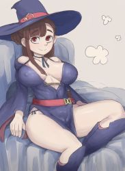 Rule 34 | 1girl, absurdres, aged up, boots, breasts, brown hair, collarbone, dress, hat, highres, kagari atsuko, large breasts, little witch academia, long hair, luna nova school uniform, ohthicc, panties, red eyes, school uniform, short ponytail, simple background, smile, solo, thigh boots, thighhighs, underwear, witch, witch hat