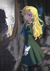 Rule 34 | 1girl, absurdres, black pantyhose, blue eyes, blush, broken glass, canvas (object), doll, dress, framed image, glass, green dress, highres, holding, ib (kouri), long hair, looking at viewer, mary (ib), mia (39565899), pantyhose, puffy sleeves, solo, trowel