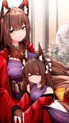 Rule 34 | 2girls, absurdres, amagi-chan (azur lane), amagi (azur lane), animal ears, azur lane, blunt bangs, brown hair, commentary request, eyeshadow, fox ears, fox girl, fox tail, hair ornament, highres, japanese clothes, kimono, kitsune, kyuubi, long hair, long sleeves, makeup, multiple girls, multiple tails, off shoulder, parted lips, purple eyes, samip, sidelocks, sleeping, sleeping on person, tail, thick eyebrows, twintails, wide sleeves