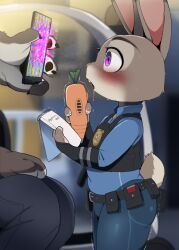 1boy 1girl animal_ears belt black_belt blue_pants blurry blurry_background dagashi_(daga2626) from_side furry furry_female furry_male highres hypnosis judy_hopps looking_at_phone mind_control pants phone police police_uniform policewoman profile purple_eyes rabbit_ears rabbit_girl rabbit_tail solo_focus standing tail trembling zootopia