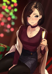Rule 34 | 1girl, absurdres, alcohol, artist name, blurry, blurry background, blush, bob cut, box, breasts, brown eyes, brown hair, champagne, champagne flute, choker, cleavage, collarbone, commentary request, cup, drinking glass, earrings, gift, gift box, highres, holding, hoop earrings, indoors, jewelry, kagematsuri, lips, looking at viewer, medium breasts, necklace, original, panties, panties under pantyhose, pantyhose, parted lips, simple background, sitting, skirt, smile, solo, underwear, watermark