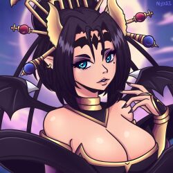 Rule 34 | absurdres, breasts, cleavage, demon, demon girl, digimon, digimon (creature), fallen angel, highres, large breasts, lilithmon, mark of evil, wings