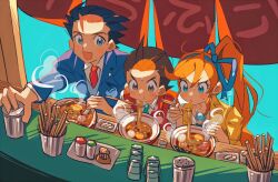 Rule 34 | 1girl, 2boys, :d, ace attorney, antenna hair, apollo justice, aqua necktie, athena cykes, black hair, blue eyes, blue jacket, blue ribbon, blush stickers, bowl, brown eyes, brown hair, chopsticks, collared shirt, cup, drinking glass, eating, food, food stand, forked eyebrows, grgrton, hair ribbon, jacket, jewelry, kamaboko, lapel pin, lapels, layered sleeves, long hair, long sleeves, multiple boys, narutomaki, necklace, necktie, noodles, open mouth, orange hair, parted lips, phoenix wright, ramen, red necktie, red vest, ribbon, salt shaker, shirt, short hair, shot glass, side ponytail, smile, spiked hair, suit jacket, sweat, swept bangs, v-shaped eyebrows, very long hair, vest, white shirt, yatai, yellow jacket