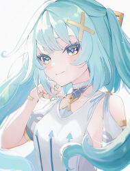 Rule 34 | 1girl, armpit cutout, bare shoulders, clothing cutout, commentary request, dress, faruzan (genshin impact), genshin impact, green eyes, hair ornament, hand up, highres, long hair, looking at viewer, short sleeves, smile, solo, twintails, upper body, ura (hamburg oniku), white dress, x hair ornament