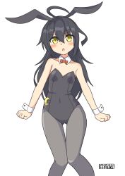 Rule 34 | 1girl, ahoge, animal ears, artist logo, black hair, black leotard, black pantyhose, blush, bow, bowtie, breasts, collarbone, crescent, crescent moon, crescent pin, detached collar, fake animal ears, gluteal fold, highres, kantai collection, leotard, long hair, mikazuki (kancolle), moon, one-hour drawing challenge, open mouth, pantyhose, pepatiku, playboy bunny, rabbit ears, small breasts, solo, strapless, strapless leotard, traditional bowtie, white background, wrist cuffs, yellow eyes