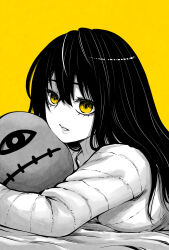 Rule 34 | 1girl, bed, black hair, greyscale, hair between eyes, highres, izumi (toubun kata), lips, long hair, long sleeves, looking at viewer, lying, mieruko-chan, monochrome, official art, on bed, on stomach, parted lips, simple background, spot color, yellow background, yellow eyes, yotsuya miko