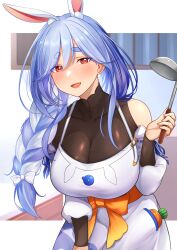 Rule 34 | 1girl, absurdres, bare shoulders, blue hair, breasts, detached sleeves, highres, hololive, large breasts, long hair, mr2d, multicolored hair, open mouth, rabbit ears, solo, streaked hair, two-tone hair, usada pekora, virtual youtuber
