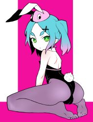 Rule 34 | 1girl, akableak, animal ears, aqua hair, arm support, ass, bare back, bare shoulders, black leotard, border, breasts, bright pupils, cameltoe, cleft of venus, closed mouth, commentary, cosplay, detached collar, english commentary, expressionless, fake animal ears, fake tail, feet, from behind, full body, googly eyes, gradient hair, green eyes, hat, hatsune miku, hatsune miku (cosplay), highleg, highleg leotard, highres, hikimayu, kneeling, leaning forward, leotard, long hair, looking at viewer, looking back, monogatari (series), multicolored hair, ononoki yotsugi, pantyhose, parted bangs, pink background, pink border, pink hair, pink hat, playboy bunny, pointy ears, purple pantyhose, rabbit ears, rabbit hole (vocaloid), rabbit tail, short eyebrows, shoulder blades, small breasts, soles, solo, spread legs, strapless, strapless leotard, tail, thick eyebrows, toes, twintails, vocaloid, white border, white pupils