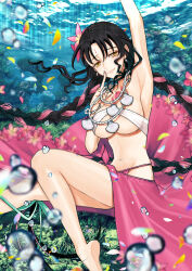 Rule 34 | 1girl, air bubble, arm up, armpits, bare legs, barefoot, bikini, black hair, bracelet, braid, breasts, bubble, caustics, chest tattoo, closed mouth, commentary, earrings, falling petals, fate/grand order, fate (series), feet out of frame, flower, forehead tattoo, hair flower, hair ornament, hand up, highres, index finger raised, jewelry, large breasts, lips, long hair, looking at viewer, merokonbu0, multicolored hair, navel, necklace, parted bangs, pearl bracelet, pearl earrings, pearl necklace, petals, pink bikini, pink flower, pink hair, pink sarong, sessyoin kiara, sessyoin kiara (swimsuit mooncancer), sessyoin kiara (swimsuit mooncancer) (first ascension), shell, shell necklace, smile, solo, streaked hair, swimsuit, tattoo, twin braids, underboob, underwater, very long hair, white bikini, yellow eyes
