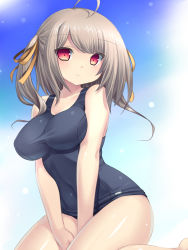 Rule 34 | 1girl, ahoge, bad id, bare shoulders, between legs, blush, breasts, brown hair, gradient background, hair ribbon, hand between legs, impossible clothes, impossible shirt, large breasts, long hair, looking at viewer, one-piece swimsuit, original, red eyes, ribbon, school swimsuit, shirt, sitting, smile, solo, swimsuit, taut clothes, taut shirt, thighs, tsukumiya amane, twintails, wariza