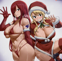 2girls arm_tattoo bikini black_footwear blonde_hair blush breasts brown_eyes choker christmas cleavage curvy dress elbow_gloves erza_scarlet fairy_tail gloves gradient_background grey_background groin hair_between_eyes hand_up hat highres long_hair looking_at_viewer low_twintails lucy_heartfilia medium_hair multiple_girls navel patreon_logo patreon_username red_dress red_eyes red_gloves red_hair red_hat red_thighhighs santa_bikini santa_dress santa_hat shexyo shoes sideboob smile steaming_body stomach sweat swimsuit tattoo thick_thighs thighhighs thighs twintails underboob white_choker wide_hips