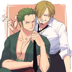 Rule 34 | 2boys, blonde hair, cigarette, earrings, facial hair, green hair, green kimono, grin, hair over one eye, highres, implied yaoi, japanese clothes, jewelry, kimono, looking at viewer, male focus, multiple boys, necktie, necktie grab, neckwear grab, one piece, pectoral cleavage, pectorals, roronoa zoro, sanji (one piece), scar, scar across eye, shironegi zzz, shirt, short hair, sleeves rolled up, smile, yaoi