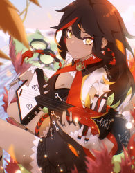 Rule 34 | 1girl, absurdres, alternate hairstyle, breasts, brown hair, cleavage, cleavage cutout, closed mouth, clothing cutout, commentary, dark-skinned female, dark skin, genshin impact, hair down, highres, instrument, junebuart, long hair, looking at viewer, multicolored hair, music, playing instrument, smile, solo, streaked hair, thigh strap, xinyan (genshin impact), yellow eyes