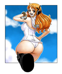 Rule 34 | 1girl, ass, bare legs, blue sky, breasts, egghead island, highleg, highleg leotard, hooded leotard, huge ass, iury padilha, large breasts, leotard, long hair, looking at viewer, looking back, nami (one piece), nami (one piece) (egghead), one piece, open mouth, shoulder tattoo, sky, solo, tattoo, white leotard, wide hips