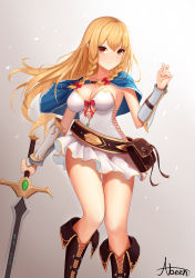 Rule 34 | 1girl, abeen jhong, absurdres, artist name, belt, belt pouch, blonde hair, blue capelet, boots, bow, braid, breasts, capelet, clothing cutout, cross-laced clothes, cross-laced cutout, dress, elf, french braid, hair between eyes, highres, holding, holding sword, holding weapon, large breasts, long hair, looking at viewer, loose belt, orange eyes, original, pointy ears, pouch, red bow, short dress, side braid, solo, strapless, strapless dress, sword, twin braids, vambraces, very long hair, weapon, white dress, wind