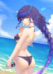 Rule 34 | 1girl, absurdres, ass, back tattoo, beach, bikini, blue nails, blue sky, bottle, braid, breasts, butt crack, choker, cloud, commentary request, dango, day, dd che shen, eating, food, from behind, genshin impact, hand up, highres, holding, holding bottle, holding food, large breasts, long hair, looking at viewer, looking back, low-braided long hair, low-tied long hair, mitsudomoe (shape), ocean, outdoors, purple bikini, purple eyes, purple hair, raiden shogun, sanshoku dango, side-tie bikini bottom, sky, solo, swimsuit, tattoo, tomoe (symbol), very long hair, wagashi