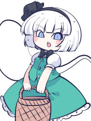 Rule 34 | 1girl, basket, black bow, black bowtie, black hairband, bow, bowtie, chahan (fried rice0614), ghost, green skirt, green vest, grey hair, hairband, highres, holding, holding basket, konpaku youmu, konpaku youmu (ghost), looking at viewer, one-hour drawing challenge, open mouth, shirt, short hair, simple background, skirt, solo, teeth, touhou, upper teeth only, vest, white background, white shirt