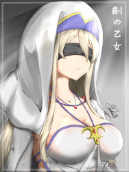Rule 34 | 1girl, absurdres, black blindfold, blindfold, blonde hair, breasts, cleavage, collarbone, commentary request, detached sleeves, dress, face, goblin slayer!, hair between eyes, hat, highres, jewelry, large breasts, long hair, necklace, qianxiaolin, signature, solo, strapless, strapless dress, sword maiden, translation request, white dress, white hat