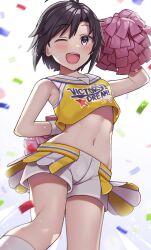 Rule 34 | 1girl, antenna hair, arm behind back, bare shoulders, black eyes, black hair, blurry, blurry background, blush, breasts, cheerleader, confetti, cowboy shot, crop top, cropped shirt, dot nose, from below, hand up, highres, holding, holding pom poms, idolmaster, idolmaster (classic), idolmaster million live!, idolmaster million live! theater days, kikuchi makoto, looking at viewer, midriff, navel, one eye closed, open mouth, overskirt, pom pom (cheerleading), pom poms, print shirt, raimone26, shirt, short hair, shorts, shorts under skirt, simple background, skirt, sleeveless, sleeveless shirt, small breasts, smile, socks, solo, standing, sweat, teeth, text print, upper teeth only, white background, white shorts, white socks, white wristband, yellow shirt, yellow skirt