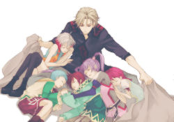 Rule 34 | 3boys, 3girls, aged down, asbel lhant, bad id, bad pixiv id, blonde hair, blue hair, brothers, brown hair, cheria barnes, covering with blanket, green shirt, hubert ozwell, iccan, malik caesars, multicolored hair, multiple boys, multiple girls, official alternate costume, pascal (tales), pink hair, purple hair, red hair, richard (tales), shirt, siblings, sleeping, sophie (tales), tales of (series), tales of graces, twintails, two-tone hair, white hair