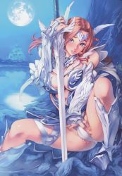 Rule 34 | 1girl, absurdres, arm guards, armor, blue eyes, brown hair, cameltoe, cover, gauntlets, greaves, highres, image sample, legs, nishieda, panties, parted lips, pussy juice, shiny skin, solo, spread legs, sword, underwear, weapon