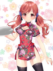 Rule 34 | 1girl, black thighhighs, blue flower, blush, breasts, brown hair, china dress, chinese clothes, cleavage, cleavage cutout, closed mouth, clothing cutout, commentary request, cowboy shot, dress, floral print, flower, hair flower, hair ornament, holding, holding tray, long hair, looking at viewer, low twintails, medium breasts, misaki (misaki86), original, print dress, red dress, red eyes, short dress, short sleeves, smile, solo, thighhighs, tray, twintails, white background