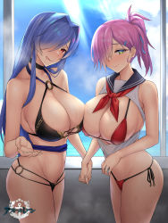 Rule 34 | 2girls, asymmetrical docking, azur lane, bare shoulders, bikini, black bikini, black sailor collar, blue hair, blue sky, blush, breast press, breasts, cleavage, collarbone, cross-laced clothes, cross-laced top, green eyes, hair over one eye, highres, holding hands, karakari, large breasts, long hair, looking at viewer, multiple girls, navel, neckerchief, o-ring, o-ring bikini, official alternate costume, pink hair, ponytail, red bikini, red eyes, red neckerchief, sailor collar, sky, smile, sweat, swimsuit, thighs, tongue, tongue out, trento (azur lane), trento (summer&#039;s hotness?) (azur lane), trieste (azur lane), window