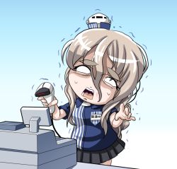 Rule 34 | 10s, 1girl, barcode scanner, cash register, cashier, chibi, commentary request, curly hair, employee uniform, gradient background, hair ornament, holding, kantai collection, lawson, long hair, looking at viewer, name tag, pleated skirt, pola (kancolle), shirt, silver hair, simple background, skirt, solo, striped clothes, striped shirt, sweat, tk8d32, translated, trembling, uniform, vertical-striped clothes, vertical-striped shirt