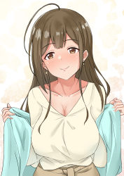 Rule 34 | 1girl, ahoge, blush, breasts, brown eyes, brown hair, cleavage, closed mouth, collarbone, commentary request, earrings, fingernails, hair over shoulder, hands up, holding, holding clothes, idolmaster, idolmaster shiny colors, jewelry, kuwayama chiyuki, large breasts, long hair, nakasima-syouta, nose blush, smile, solo, upper body, v-neck, w arms