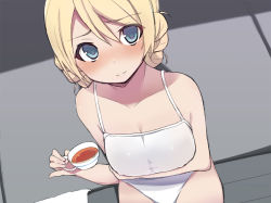 Rule 34 | 10s, 1girl, blonde hair, blue eyes, blush, breast hold, breasts, breasts out, cleavage, clothes pull, competition school swimsuit, cup, darjeeling (girls und panzer), girls und panzer, large breasts, looking at viewer, maze (gochama ze gohan), nipples, one-piece swimsuit, one-piece swimsuit pull, one eye closed, school swimsuit, sitting, smile, solo, sweatdrop, swimsuit, tea, teacup, towel, white one-piece swimsuit